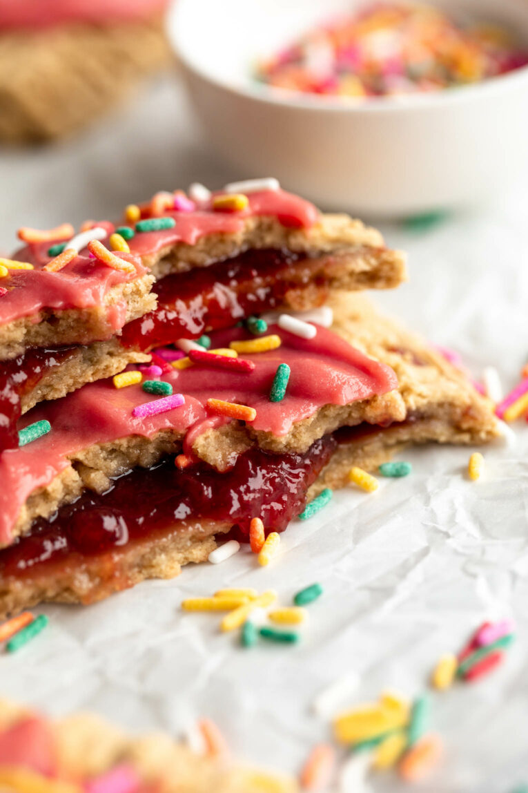 Protein Pop Tarts cut in half showing the filling.