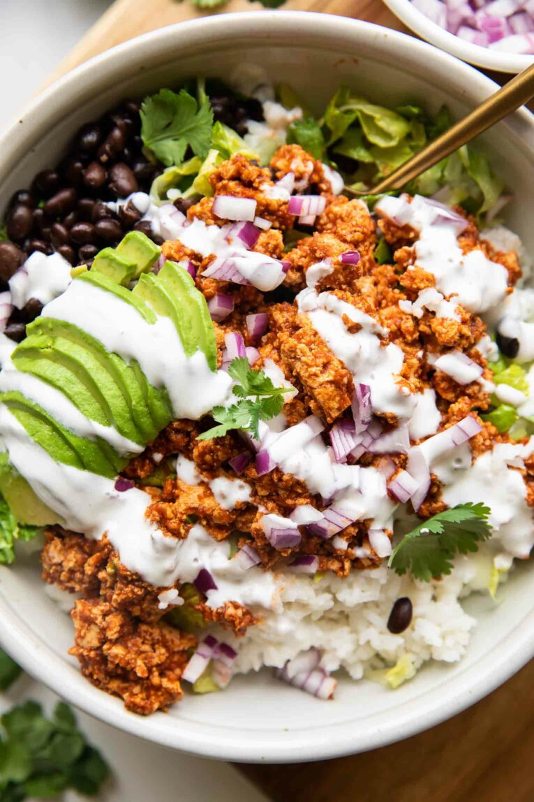 Close up of Sofritas Meal Prep Bowl.