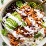 Sofritas Meal Prep Bowl with avocado, cilantro, and sour cream.