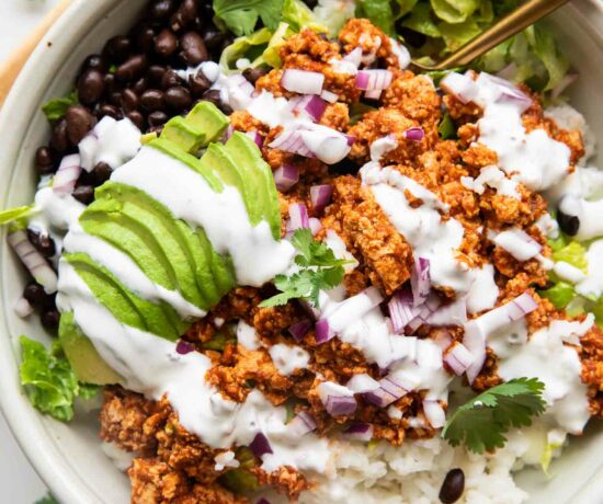 Sofritas Meal Prep Bowl with avocado, cilantro, and sour cream.
