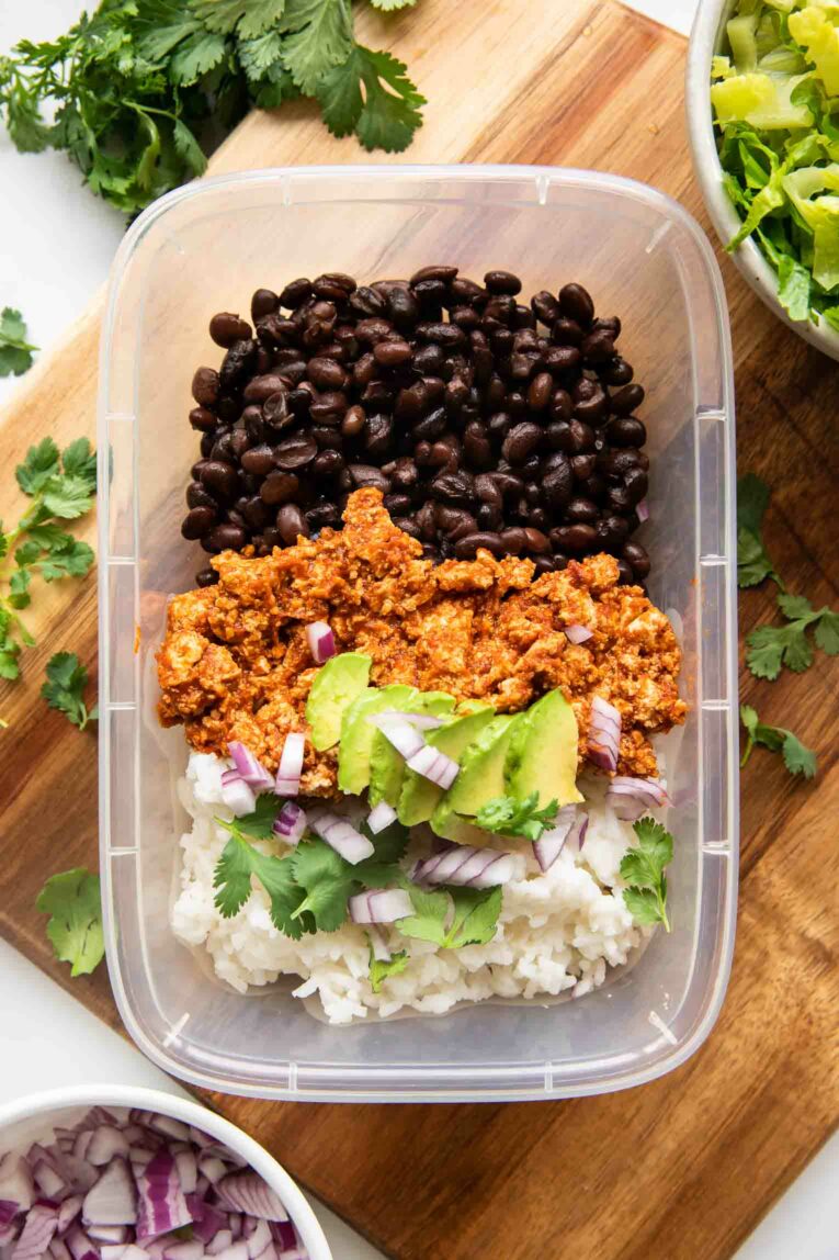 Sofritas Meal Prep Bowls in a meal prep dish.