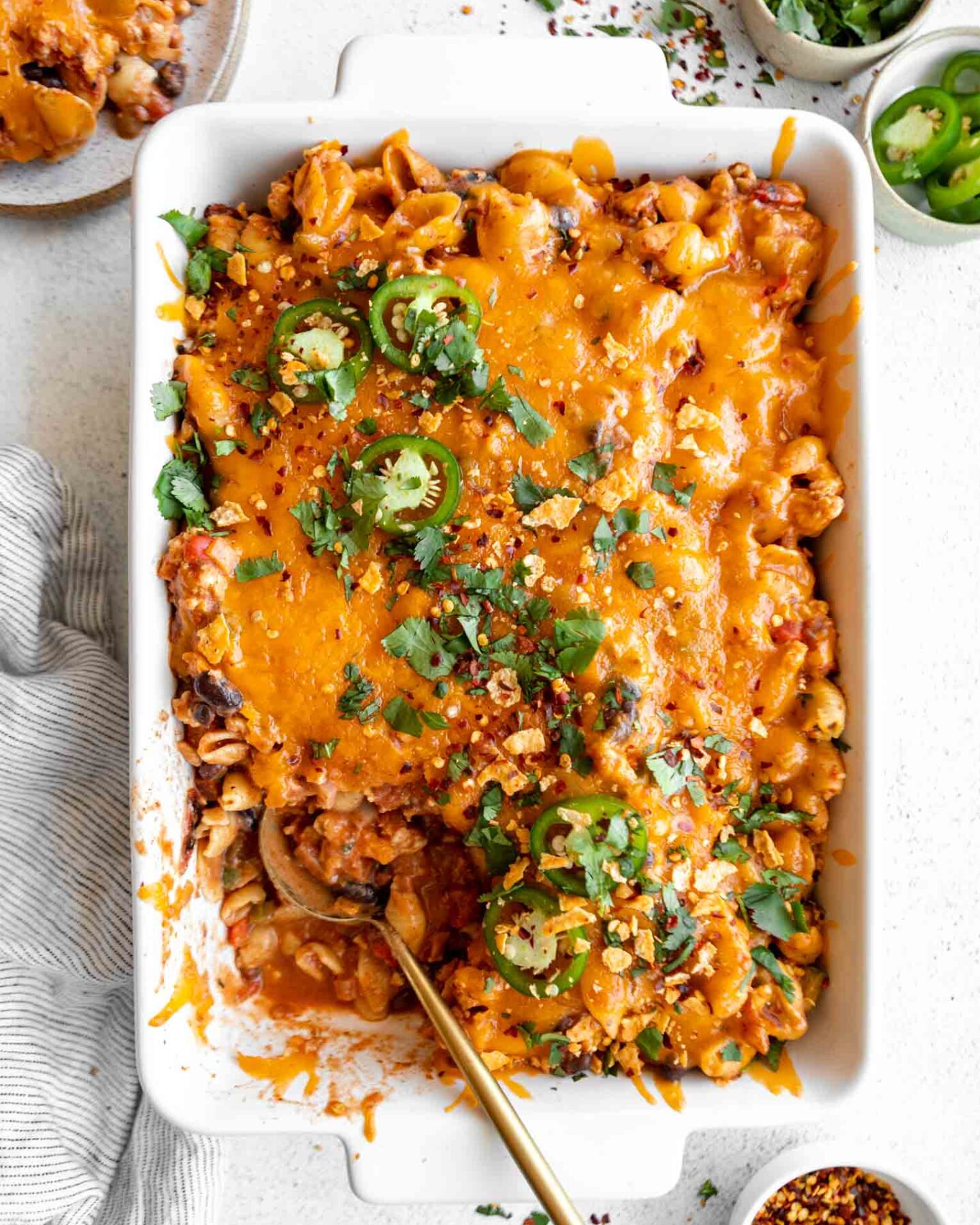 Taco pasta casserole recipe in a baking dish.