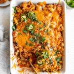Taco pasta casserole recipe in a baking dish.