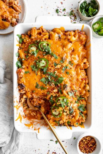 Taco pasta casserole recipe in a baking dish.
