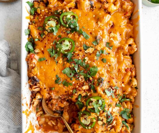 Taco pasta casserole recipe in a baking dish.