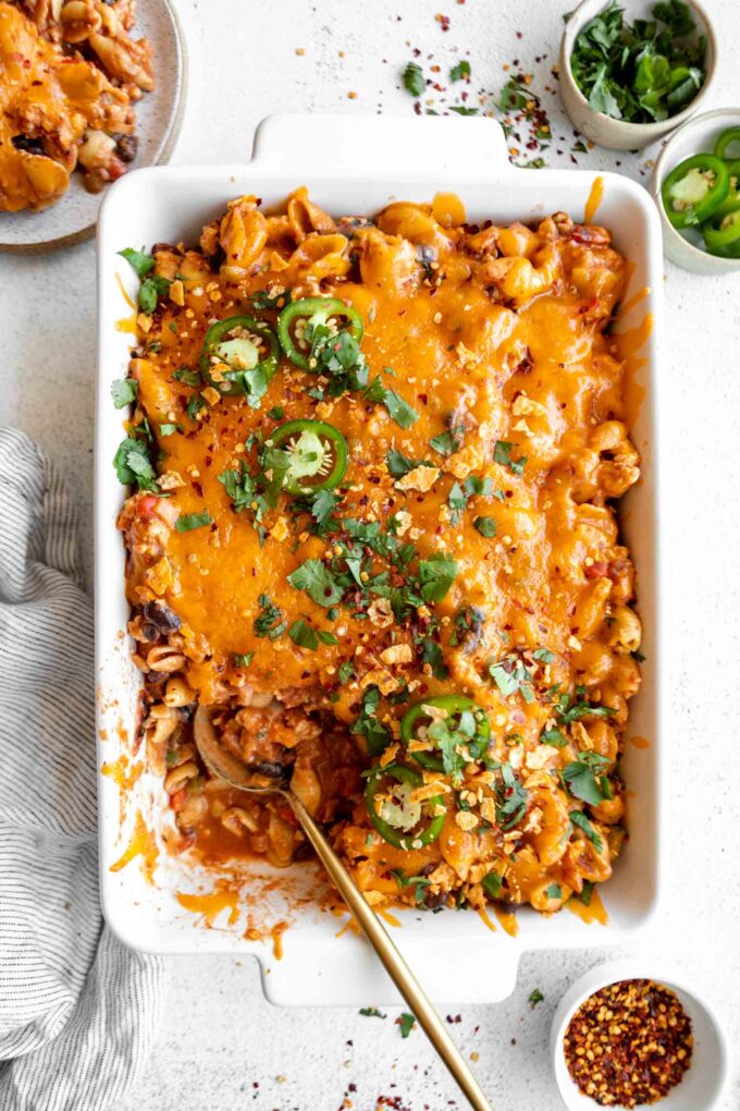 Taco pasta casserole recipe in a baking dish.