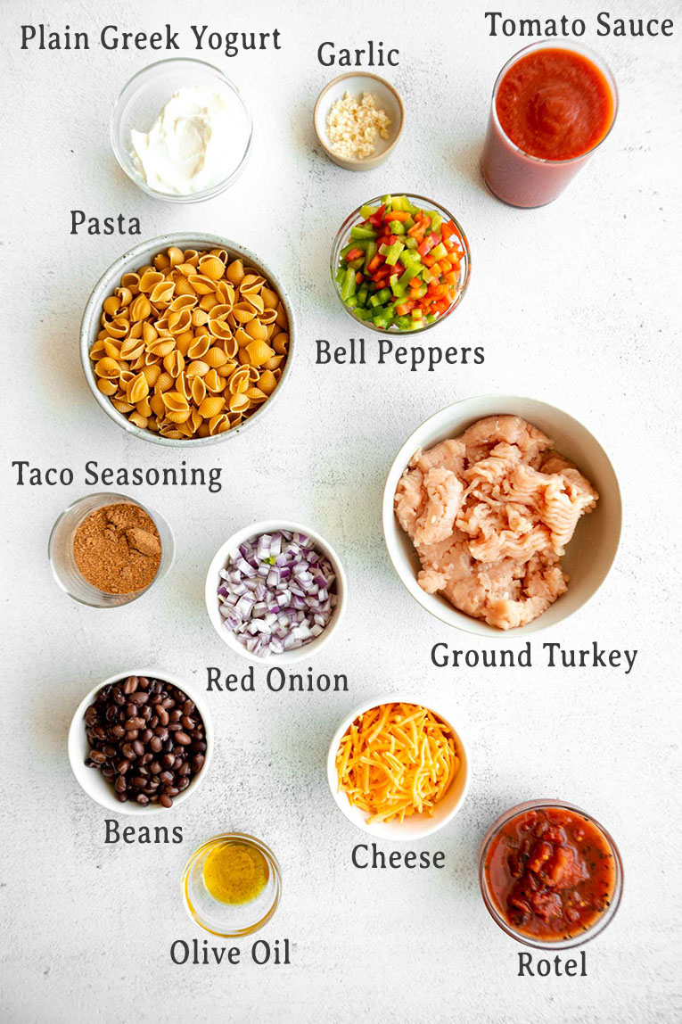 Ingredients for taco pasta casserole recipe.