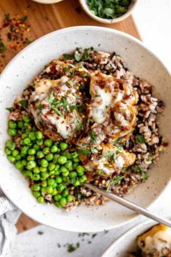 Top shot photo of French Onion Chicken Bowls recipe.