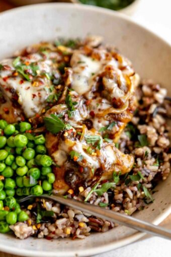 Angled photo of French Onion Chicken Bowls.