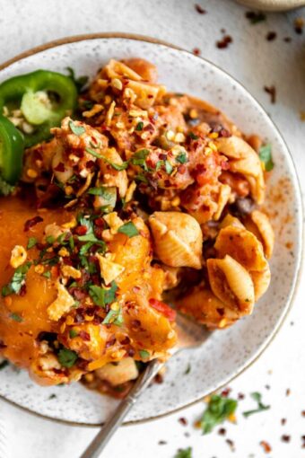 Plated Taco Pasta Casserole recipe.
