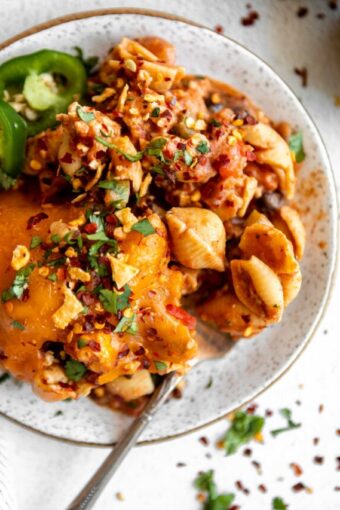 Plated Taco Pasta Casserole recipe.