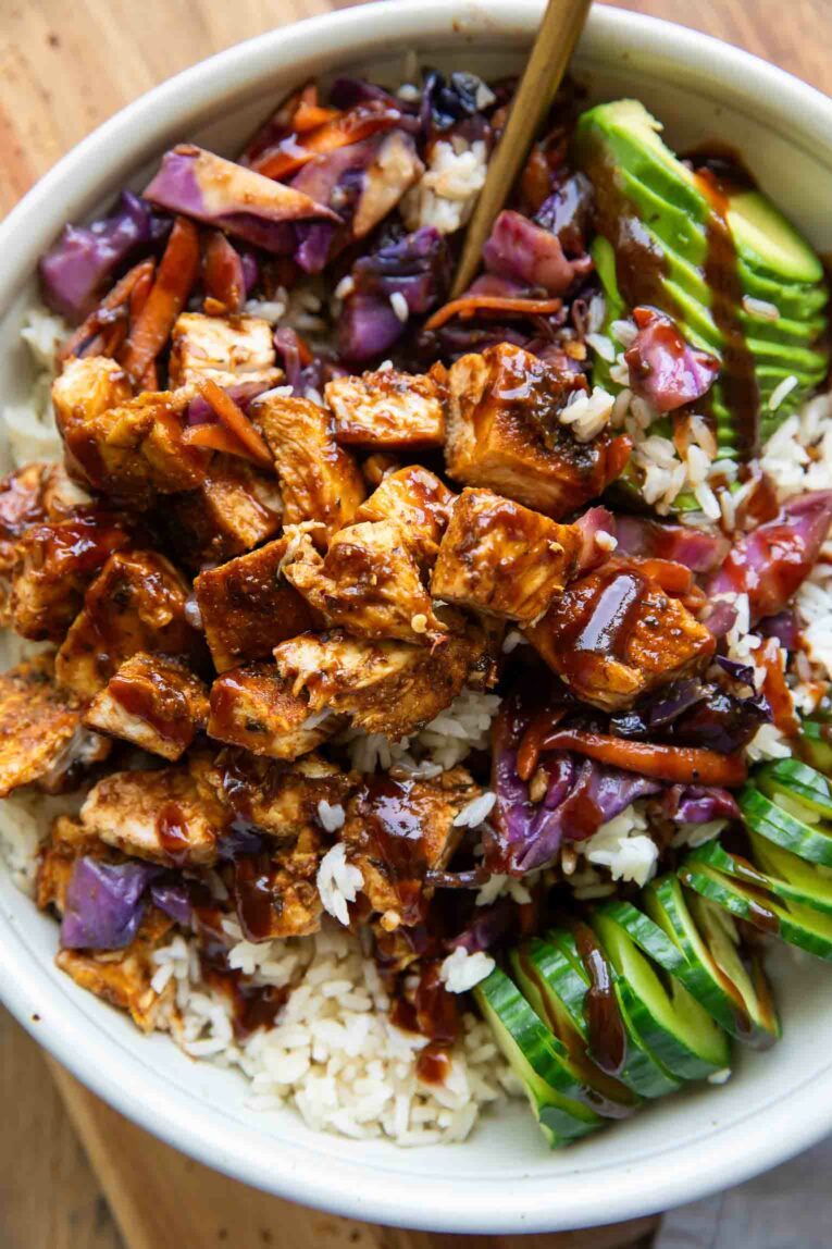 BBQ Chicken Rice Bowls with cabbage.