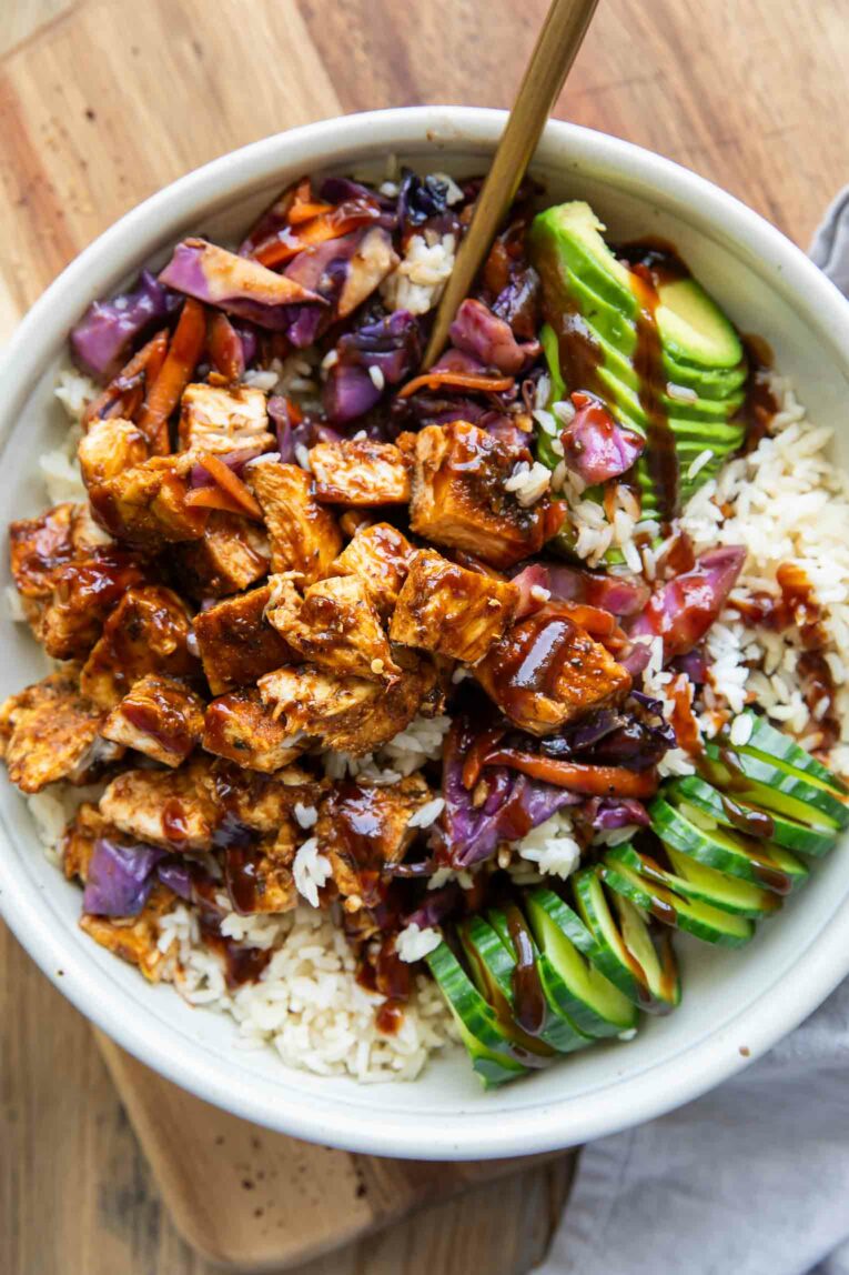 Top photo of BBQ Chicken Rice Bowls.