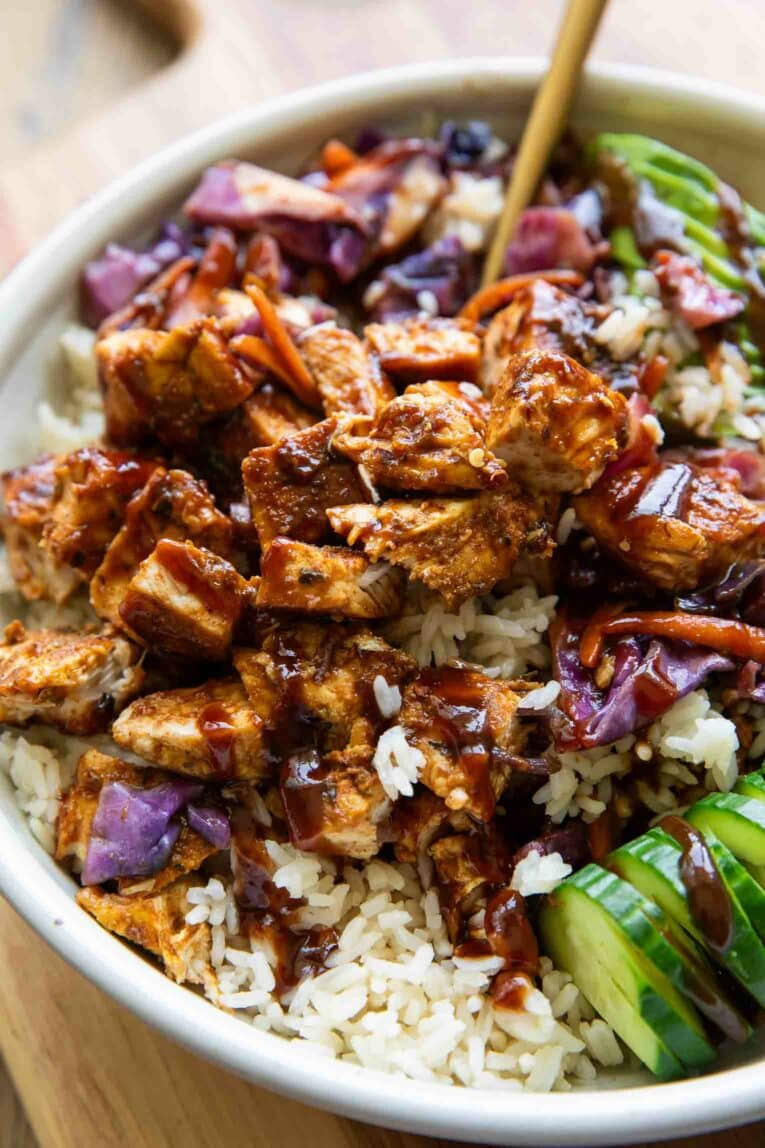 Angled photo of BBQ Chicken bowl with fork.
