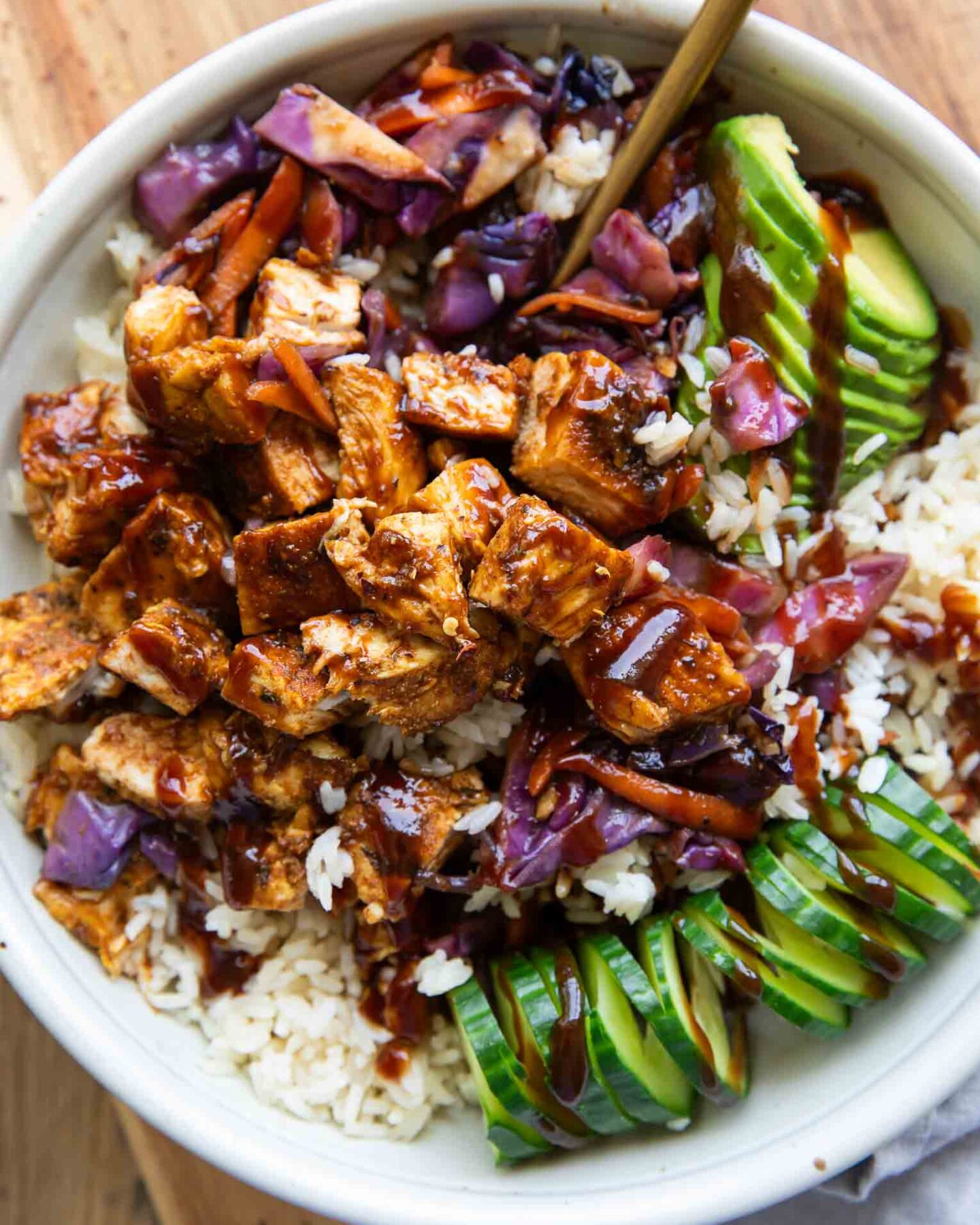 Top shot of BBQ Chicken Rice Bowl with veggies.