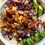 Top shot of BBQ Chicken Rice Bowl with veggies.
