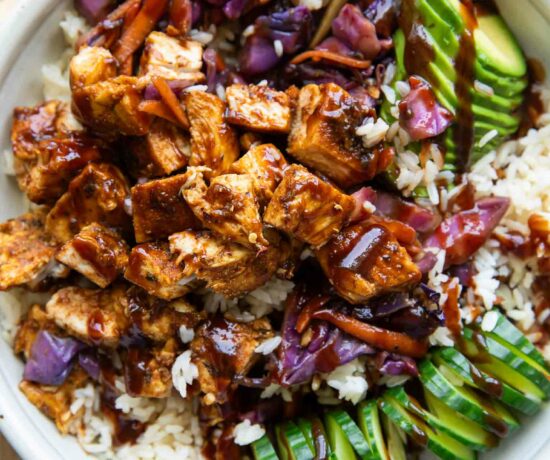 Top shot of BBQ Chicken Rice Bowl with veggies.
