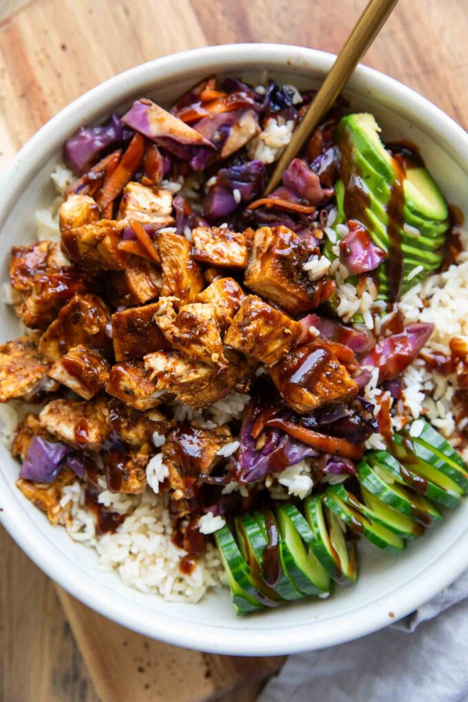 Top shot of BBQ Chicken Rice Bowl with veggies.