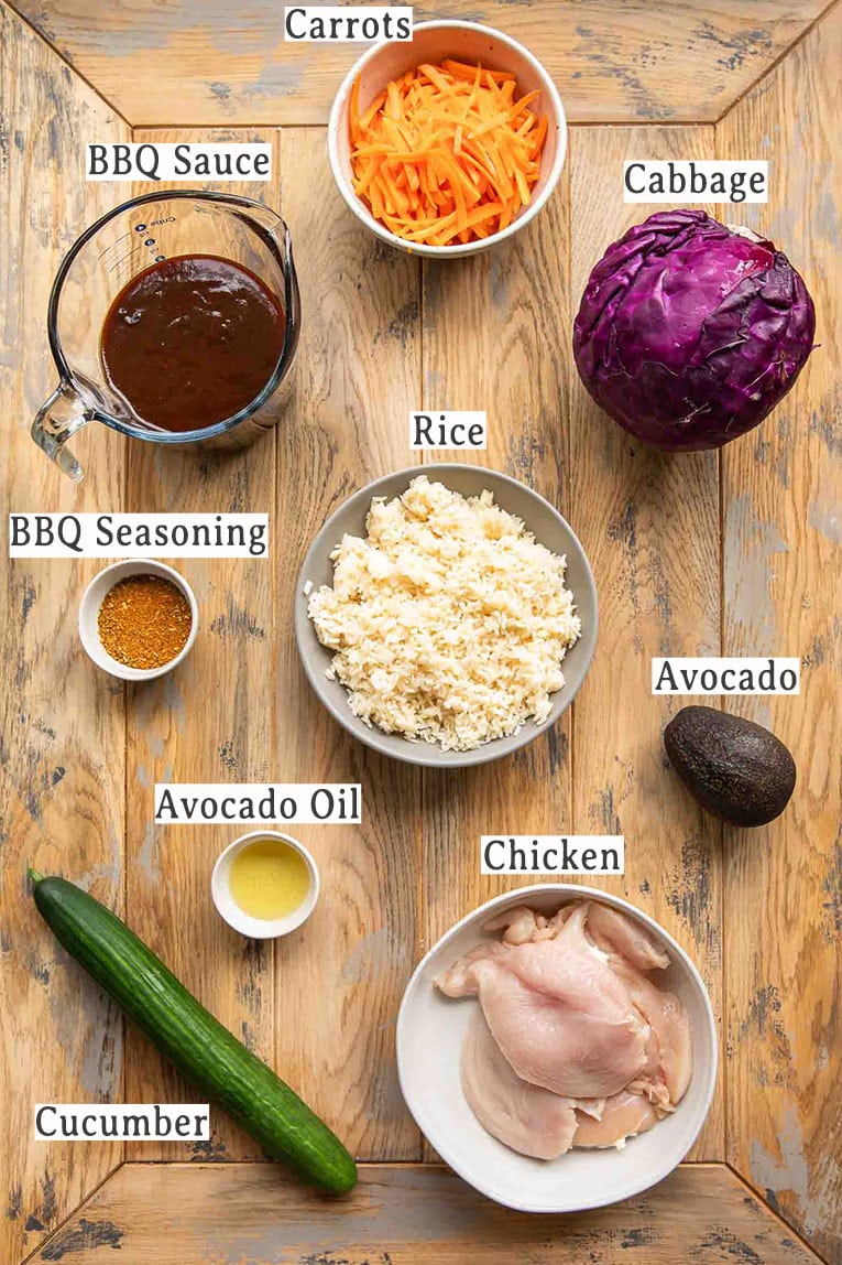 Ingredients for These easy BBQ Chicken Bowls recipe.