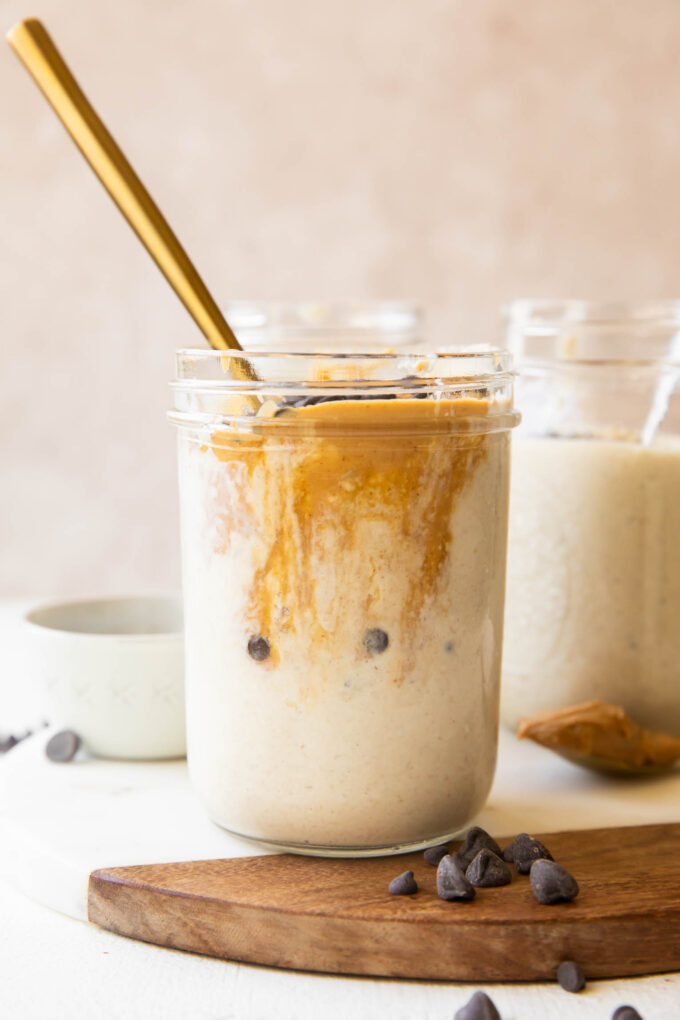 Blended Overnight Oats recipe in a jar with a spoon.