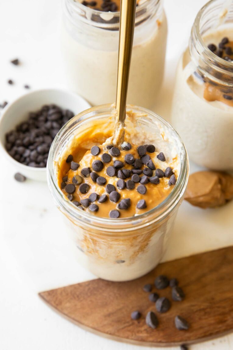 Peanut butter chocolate Blended Overnight Oats in a jar.