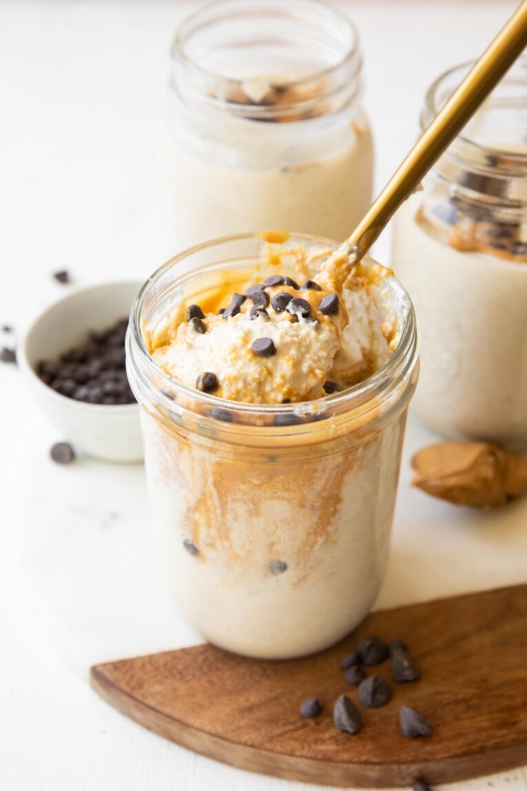 Blended Overnight Oats with a spoonful being taken out.