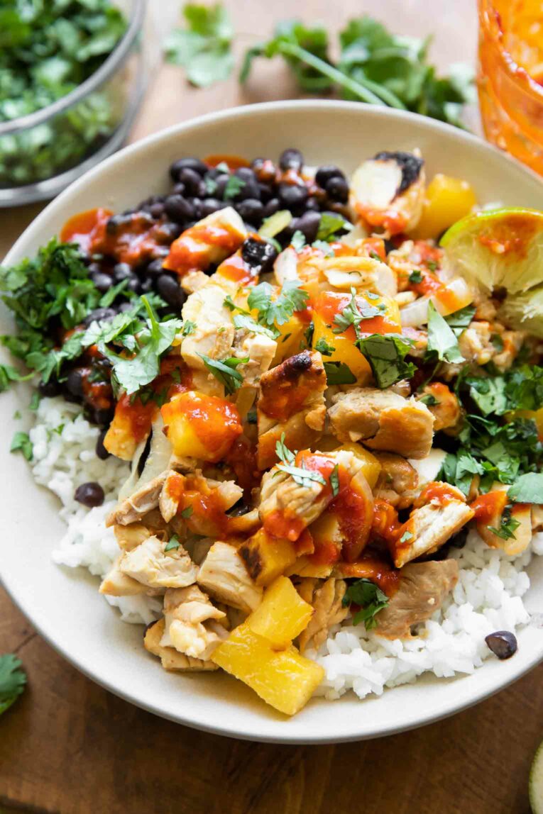 Angled photo of Chicken Al Pastor bowl.