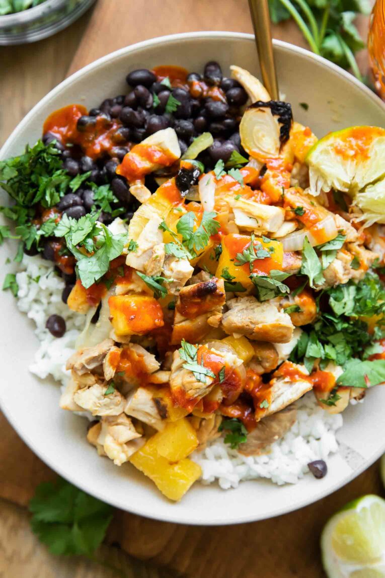 Close up of Chicken Al Pastor in a bowl.