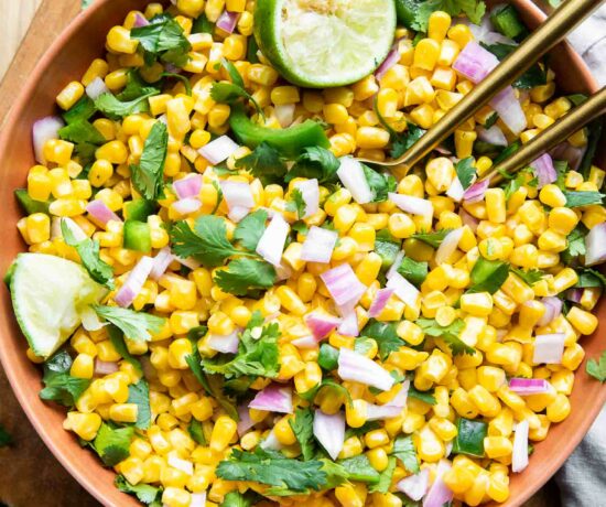 Chipotle Corn Salsa Recipe in a bowl with lime.