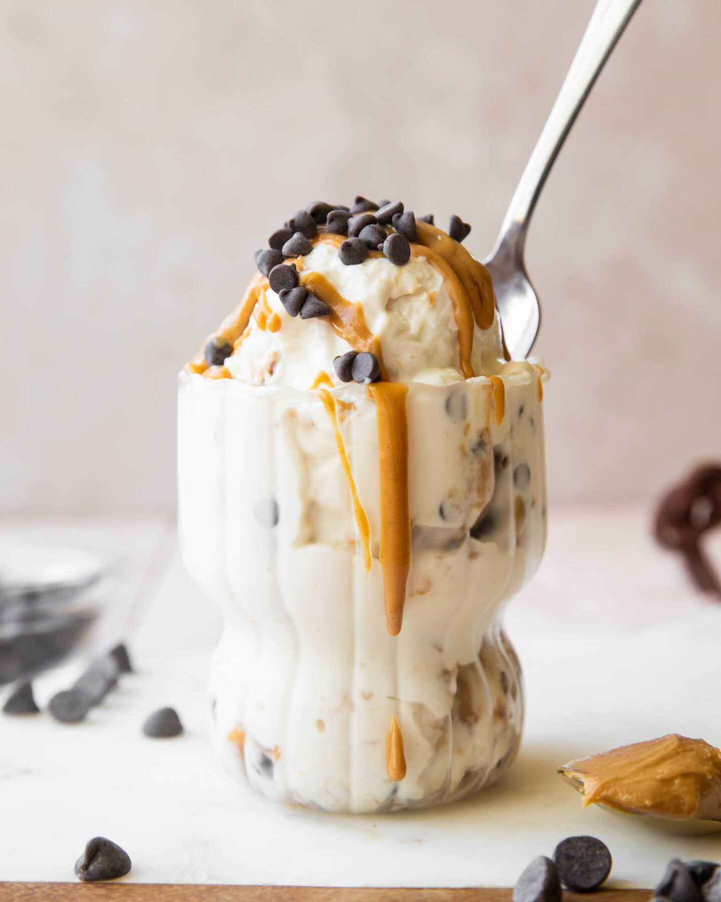 Cottage Cheese Ice Cream with protein peanut butter and chocolate chips.