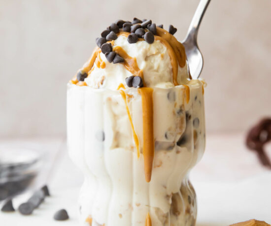 Cottage Cheese Ice Cream with protein peanut butter and chocolate chips.