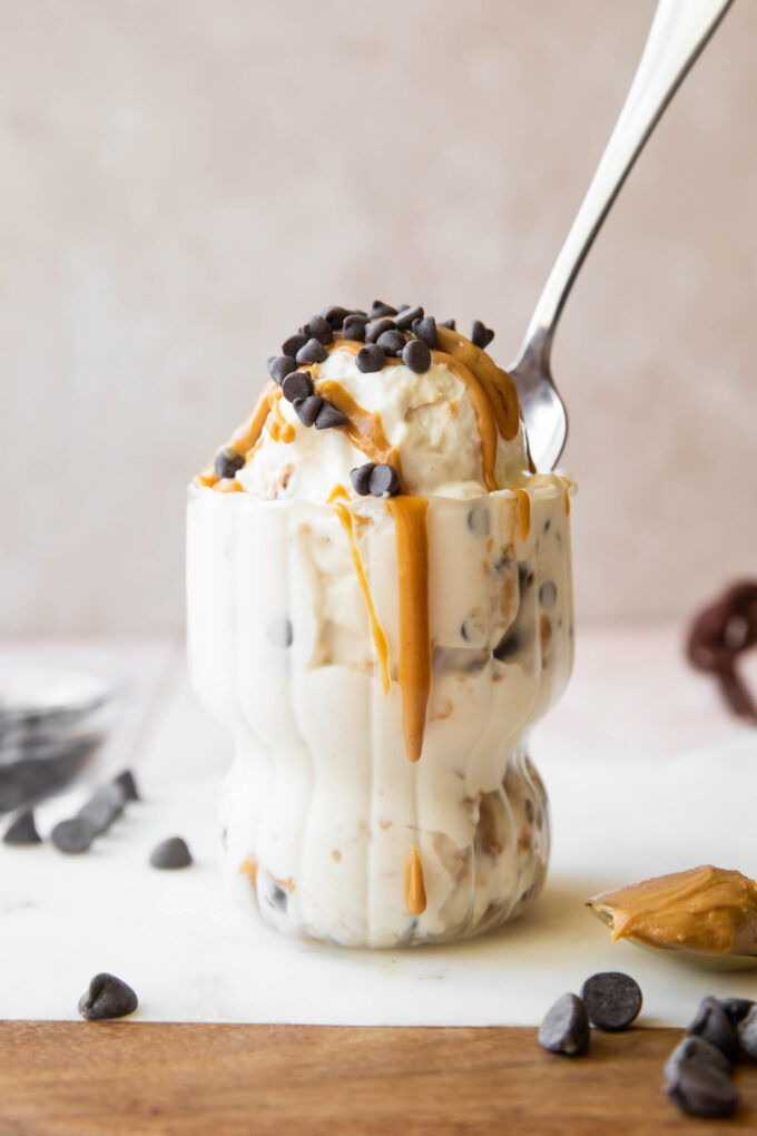 Cottage Cheese Ice Cream with protein peanut butter and chocolate chips.