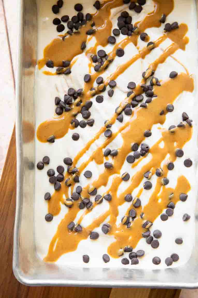 Cottage Cheese Ice Cream base with peanut butter and chocolate chips in a loaf pan.