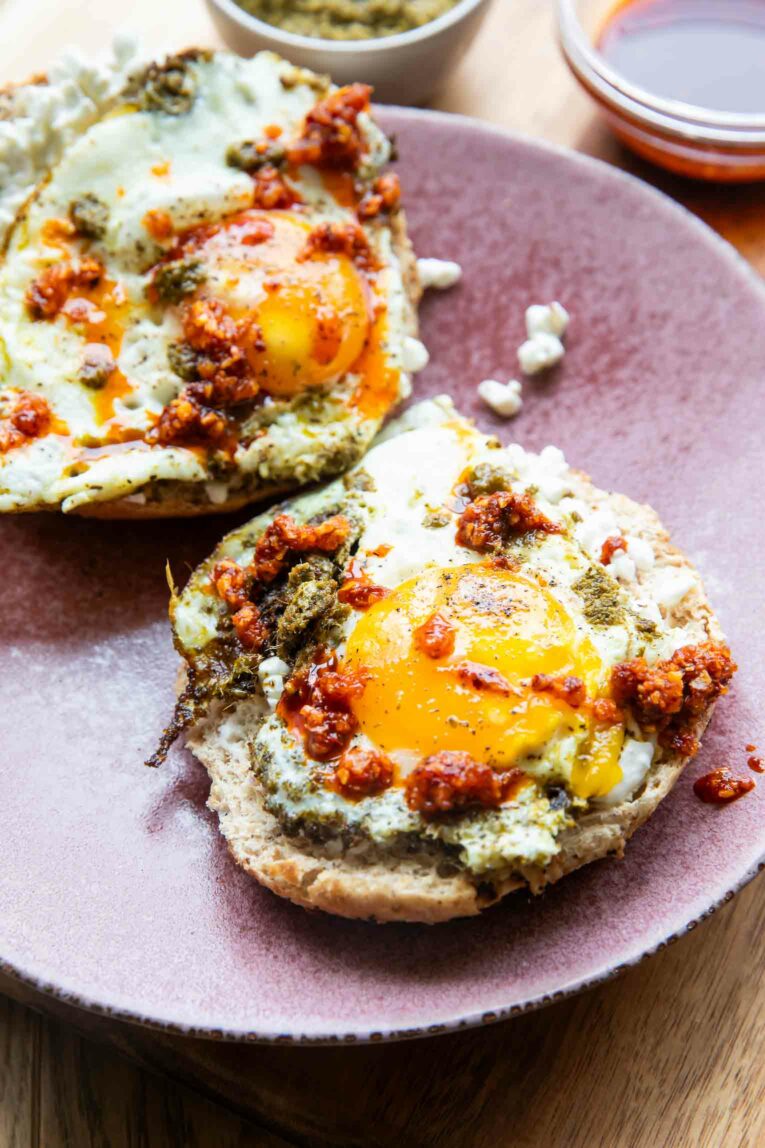 Angled photo of Pesto Eggs Recipe.