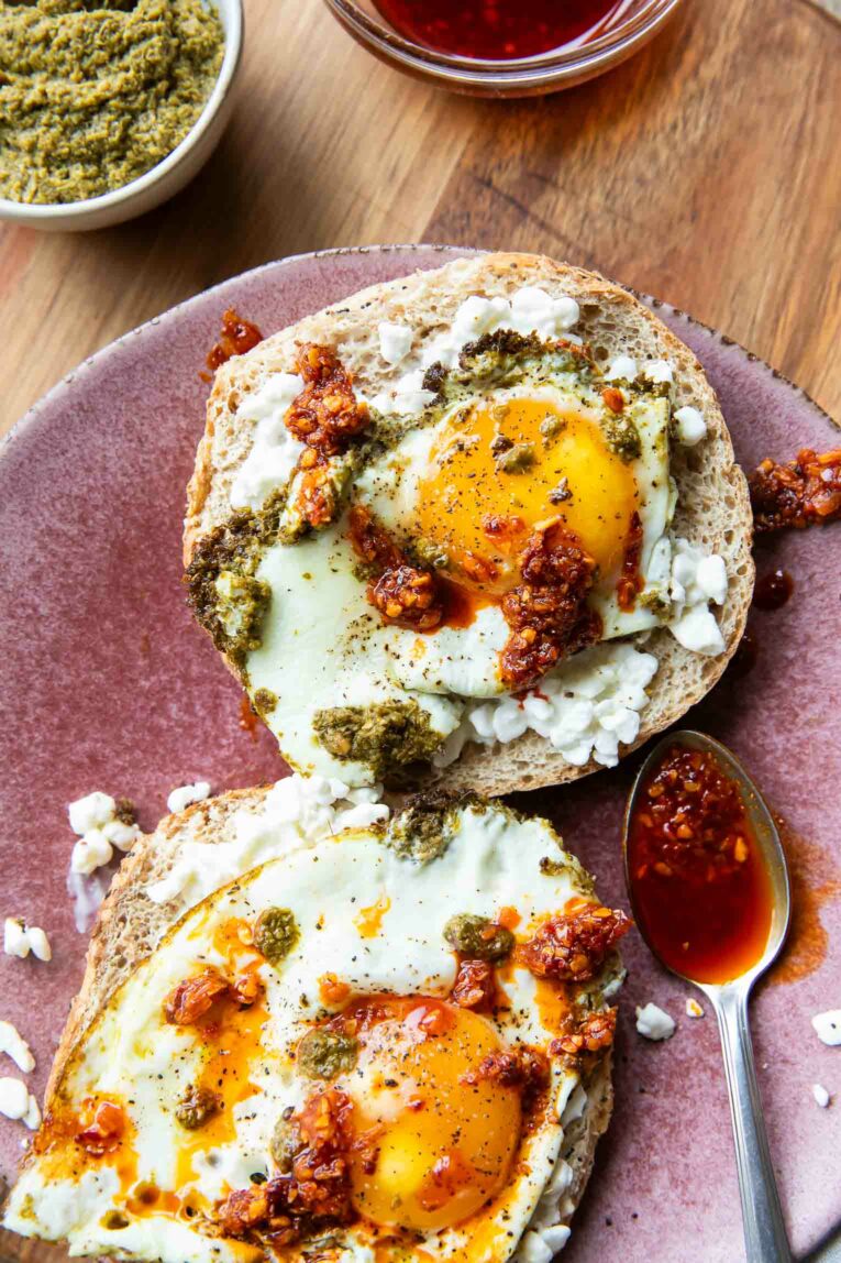 Pesto Eggs on bagels with cottage cheese.