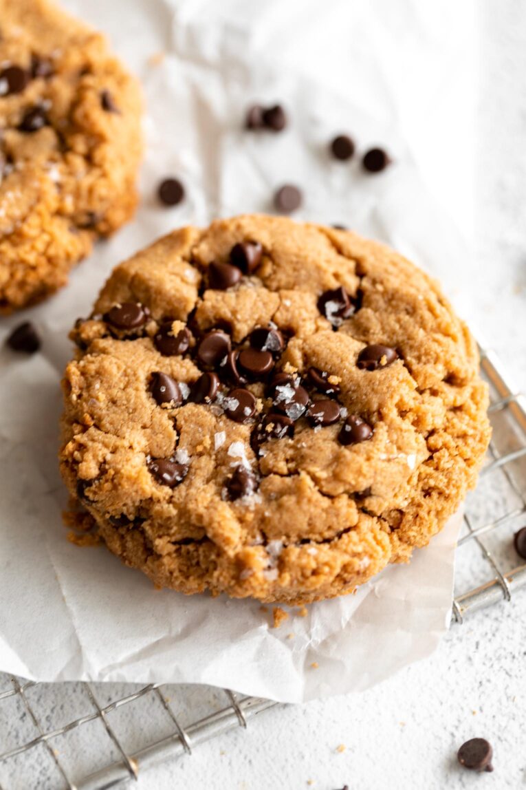 Angled photo of Vegan Peanut Butter Cookie with mini chocolate chips.