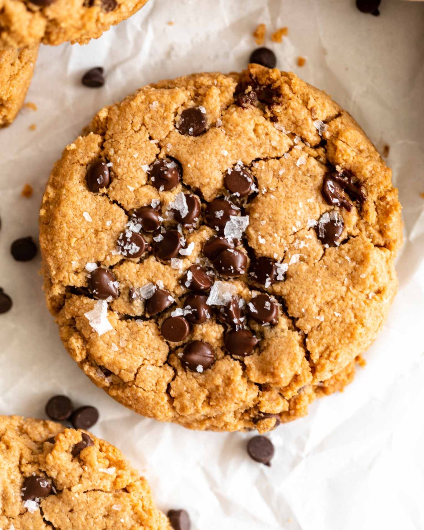 Top shot of Vegan Peanut Butter Cookie on parchment paper.