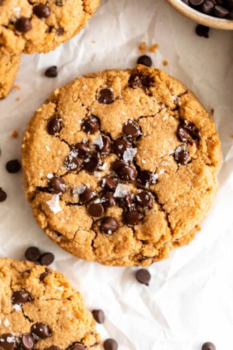 Top shot of Vegan Peanut Butter Cookie on parchment paper.
