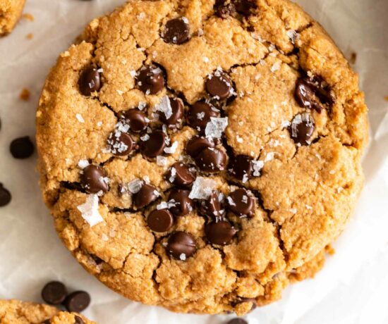 Top shot of Vegan Peanut Butter Cookie on parchment paper.