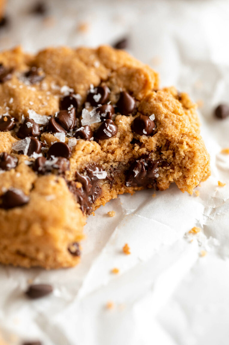Close up of Vegan Peanut Butter Cookie recipe with bite taken out.