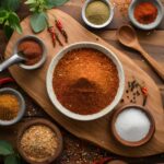 Barbecue seasoning recipe on a wood board with ingredients.