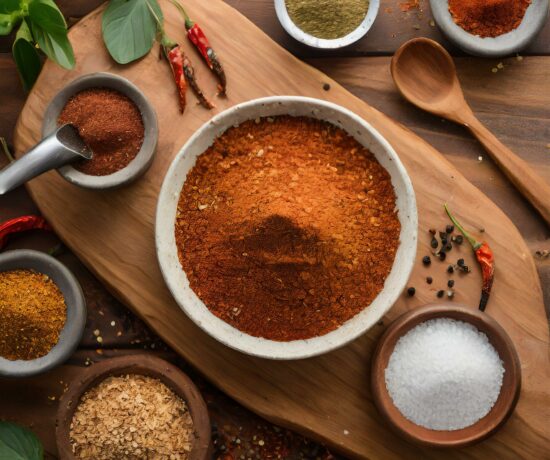 Barbecue seasoning recipe on a wood board with ingredients.