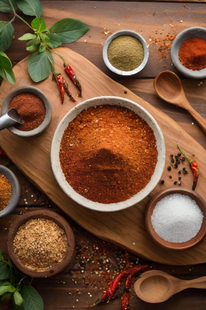 Barbecue seasoning recipe on a wood board with ingredients.
