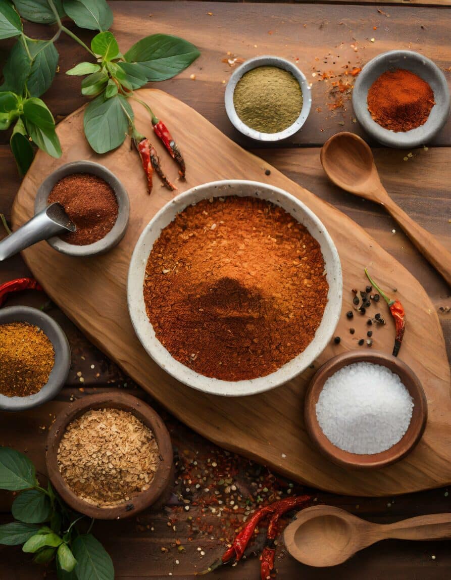 Barbecue seasoning recipe on a wood board with ingredients.