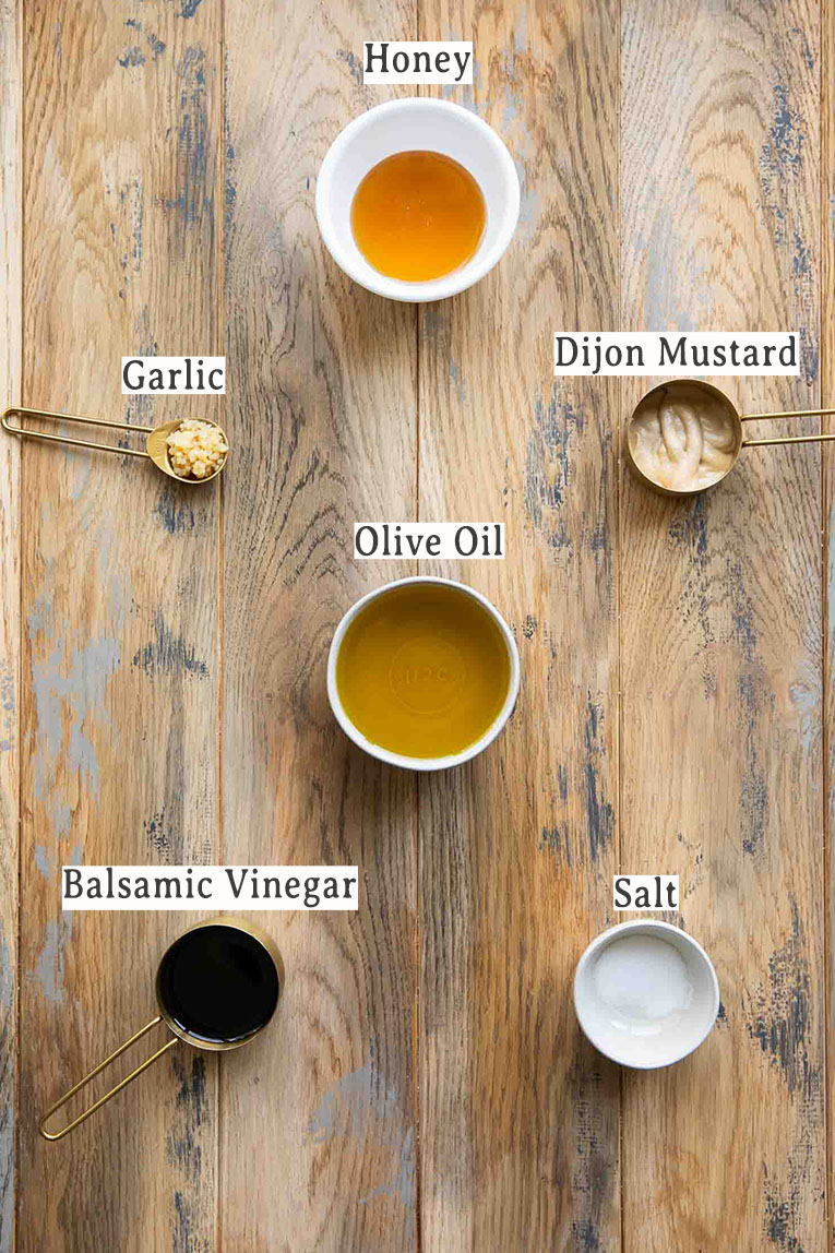 Ingredients for balsamic vinaigrette recipe.