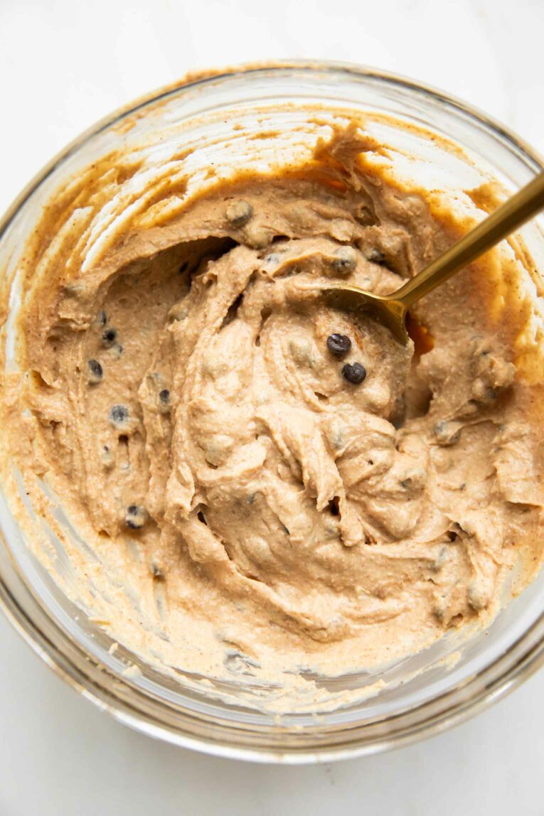 Cookie Dough Dip being mixed in a bowl.