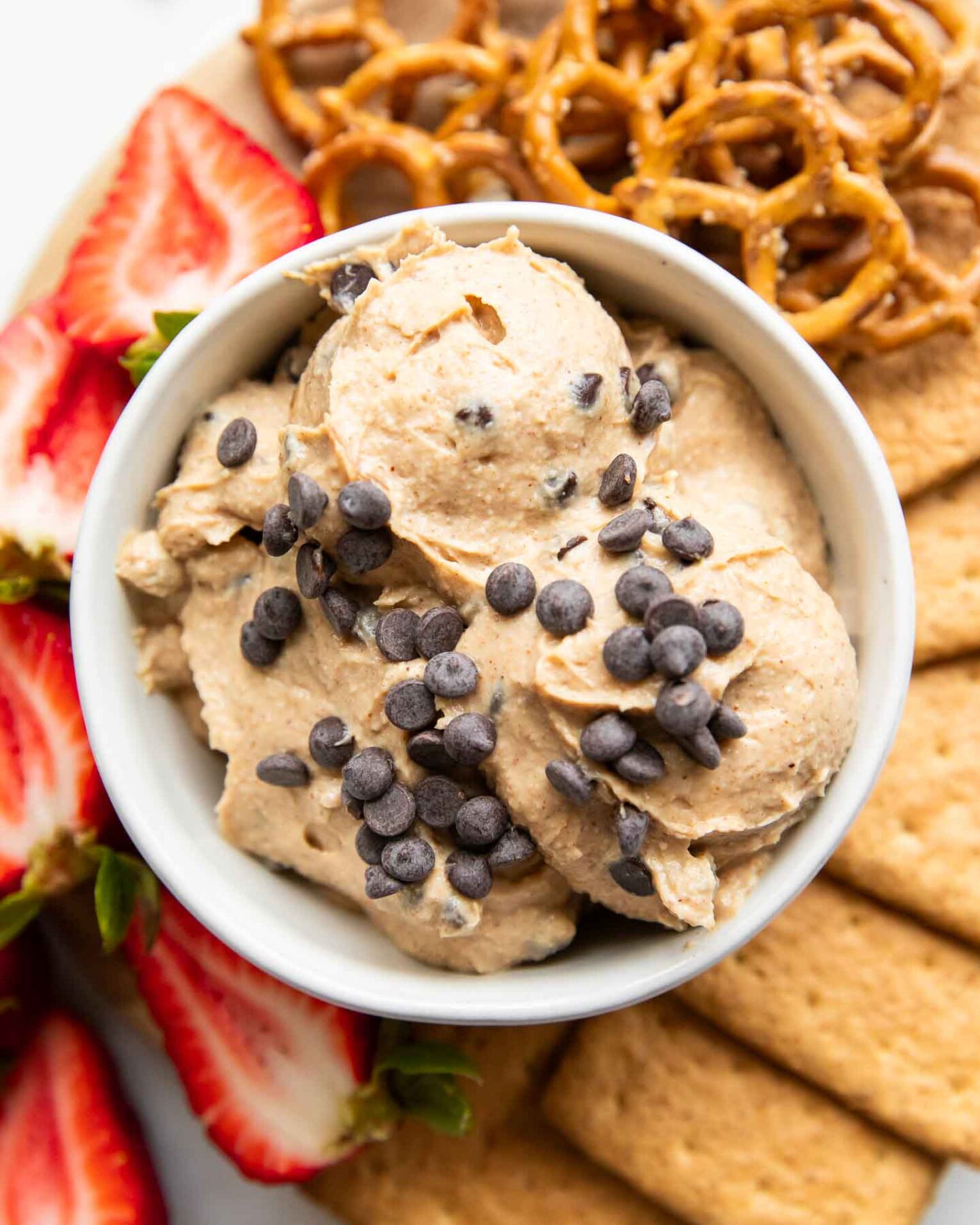 Close up of Cookie Dough Dip with chocolate chips.