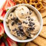 Close up of Cookie Dough Dip with chocolate chips.