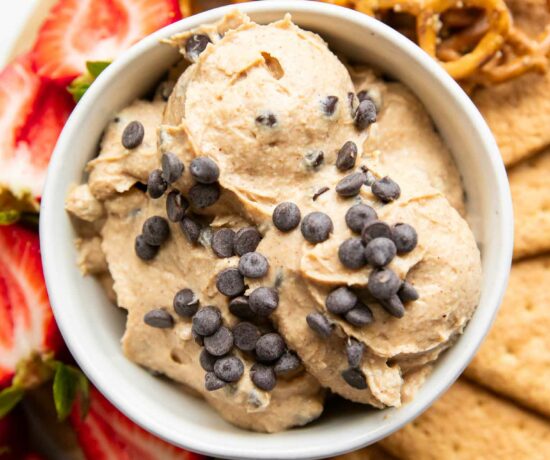 Close up of Cookie Dough Dip with chocolate chips.