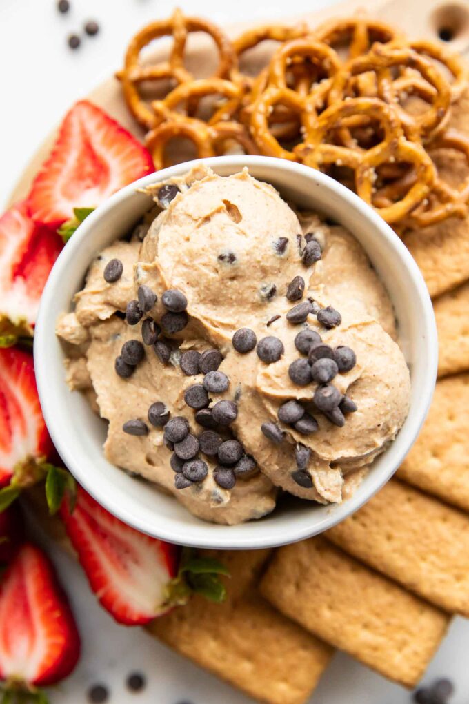 Close up of Cookie Dough Dip with chocolate chips.